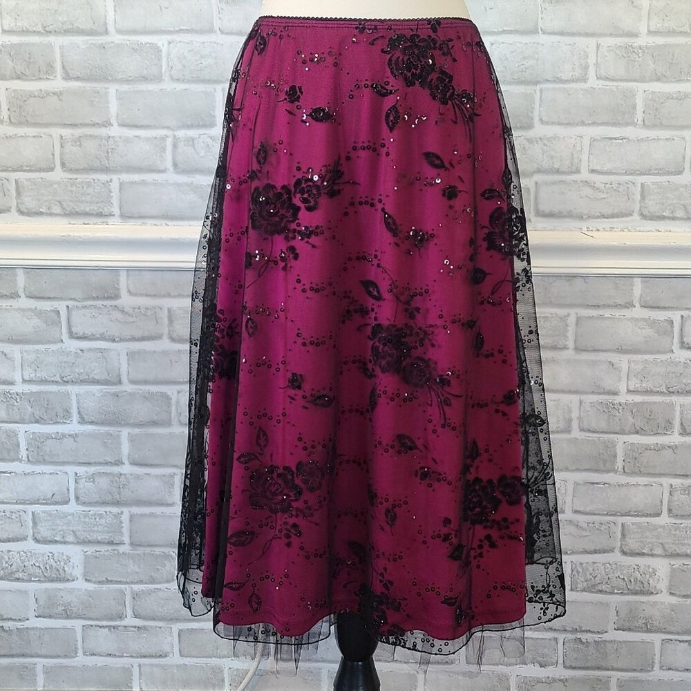 Vtg Y2K Black Lace Tulle Floral Purple Sequin Midi Skirt Whimseygoth Fairycore